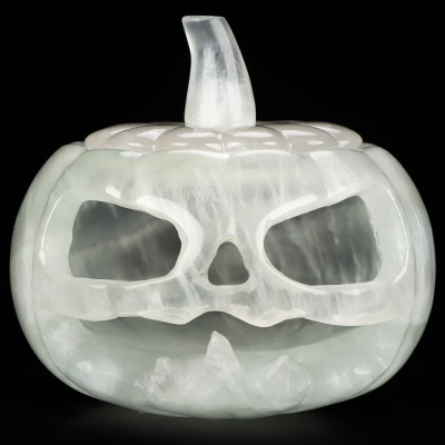 4.1" Fluorite Hand Carved Hollow Jack-O'-Lantern Pumpkin Crystal Skull Sculpture, Crystal Healing