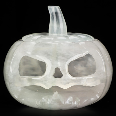 4.1" Fluorite Hand Carved Hollow Jack-O'-Lantern Pumpkin Crystal Skull Sculpture, Crystal Healing