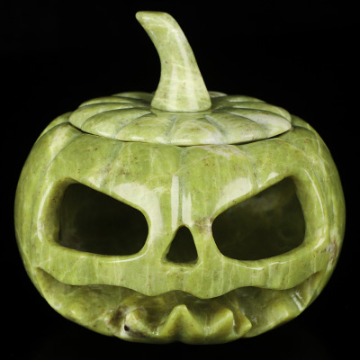 5.0" Lemon Stone Hand Carved Hollow Jack-O'-Lantern Pumpkin Crystal Skull Sculpture, Crystal Healing