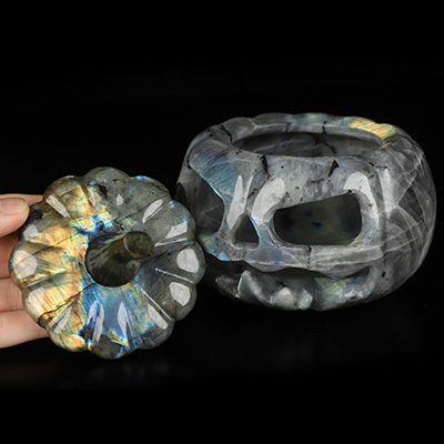 5.0" Labradorite Hand Carved Hollow Jack-O'-Lantern Pumpkin Crystal Skull Sculpture, Crystal Healing
