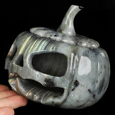 5.0" Labradorite Hand Carved Hollow Jack-O'-Lantern Pumpkin Crystal Skull Sculpture, Crystal Healing