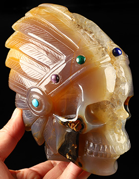 6.1" Agate Geode Hand Carved Indian Crystal Skull Sculpture, Crystal Healing