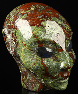 4.1" Dragon Blood Jasper Hand Carved Fairy Elf Alien Crystal Skull Companion With Labradorite Eyes, Hand Carved Gemstone Fine Art Sculpture, Reiki Healing Stone Statue