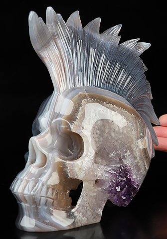 6.7" Premium Brazilian Agate Hand Carved Punk Crystal Skull Fine Art Sculpture, Crystal Healing