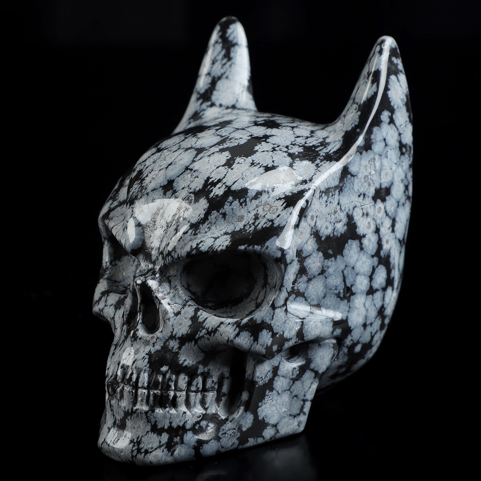 3.6" Snowflake Obsidian Hand Carved Batman Crystal Skull Fine Art Sculpture, Crystal Healing