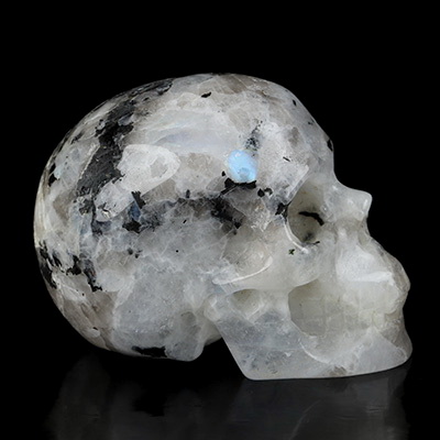 2.0" Black Tourmaline and Moonstone Hand Carved Crystal Skull, Realistic, Crystal Healing