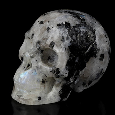 2.0" Black Tourmaline and Moonstone Hand Carved Crystal Skull, Realistic, Crystal Healing