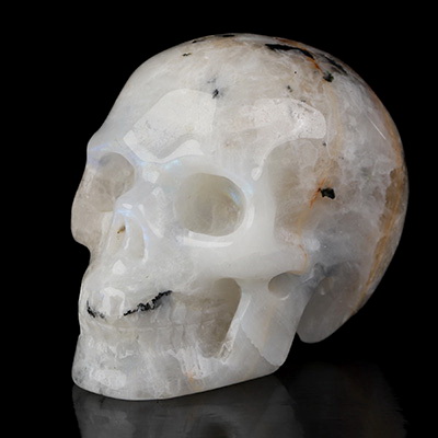 2.0" Black Tourmaline and Moonstone Hand Carved Crystal Skull, Realistic, Crystal Healing