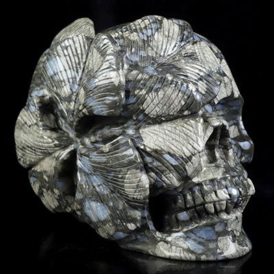 4.8" Que Sera Stone Llanite Hand Carved Crystal Skull and Flower Fine Art Sculpture, Crystal Healing