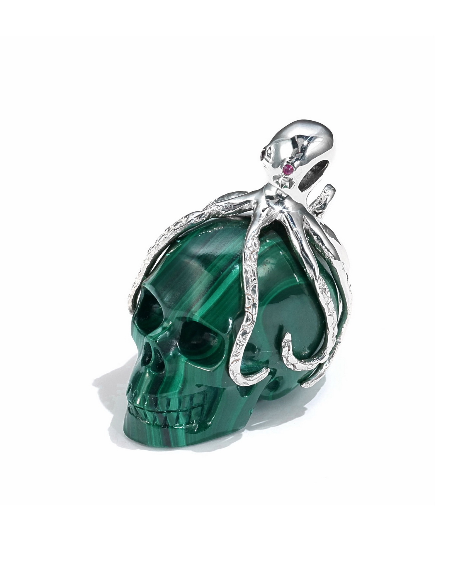 Gemstone Necklace of 1.5" Malachite Hand Carved Crystal Skull Pendant, Skull Jewelry