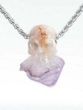 Necklace of 1.1" Spirit Quartz Hand Carved Crystal Skull Pendant, Skull Jewelry