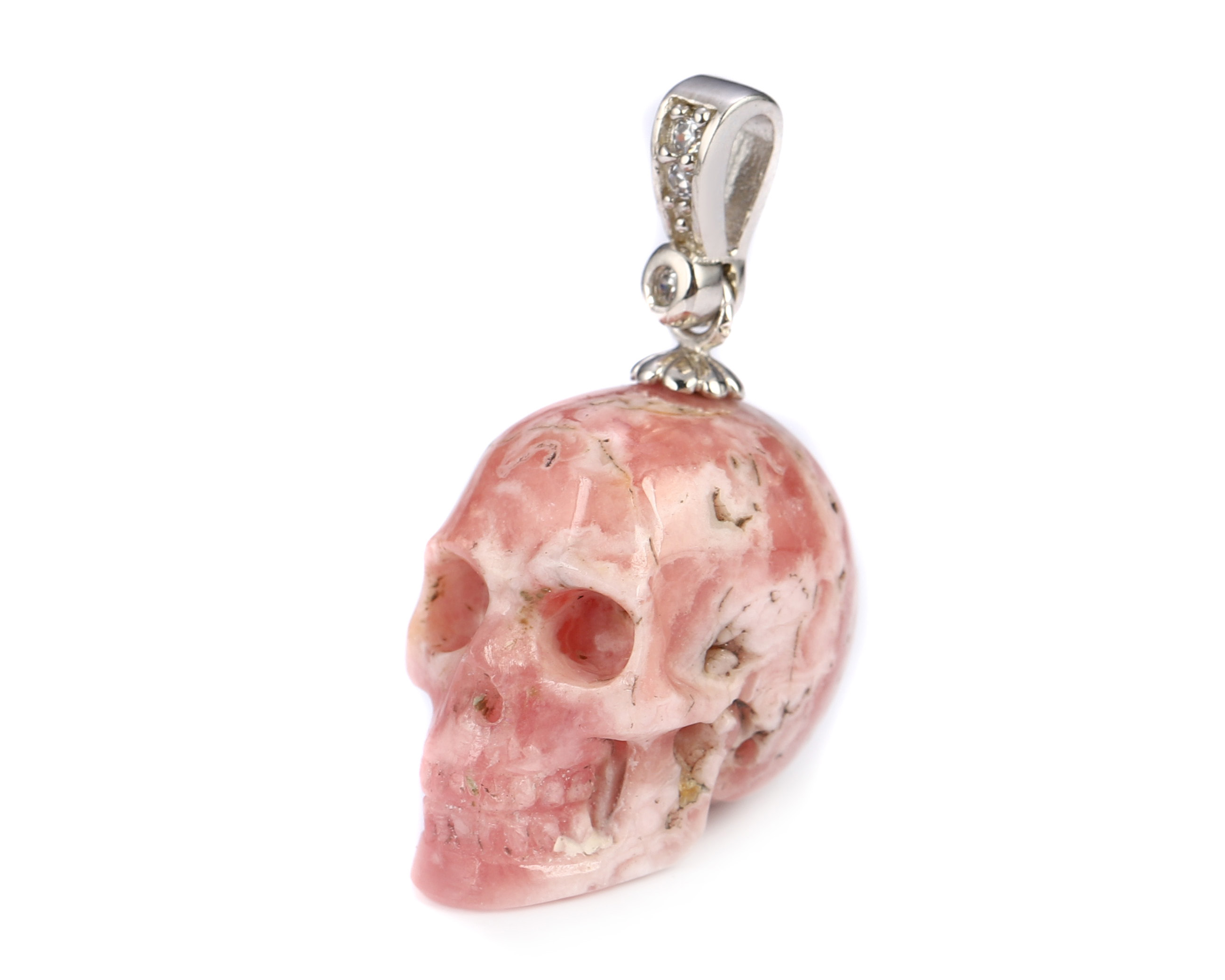 Necklace of 0.7" Rhodochrosite Hand Carved Crystal Skull Pendant, Skull Jewelry