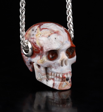 Gemstone Necklace of 1.1" Red Crazy Lace Agate Hand Carved Crystal Skull Pendant, Skull Jewelry