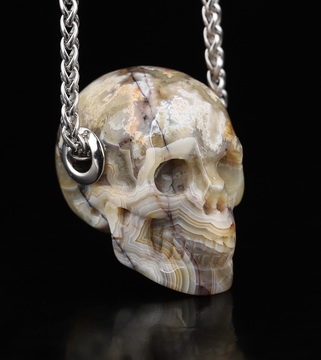 Gemstone Necklace of 1.1" Red Crazy Lace Agate Hand Carved Crystal Skull Pendant, Skull Jewelry