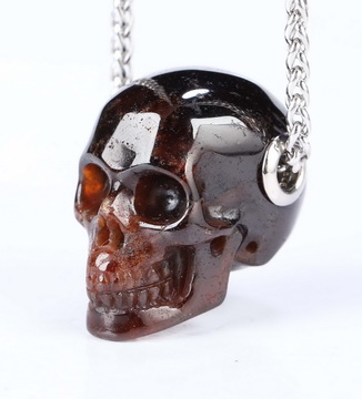 Necklace of 1.1" Garnet Hand Carved Crystal Skull Pendant, Skull Jewelry