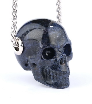 Necklace of 1.1" Royal Dumortierite Hand Carved Crystal Skull Pendant, Skull Jewelry