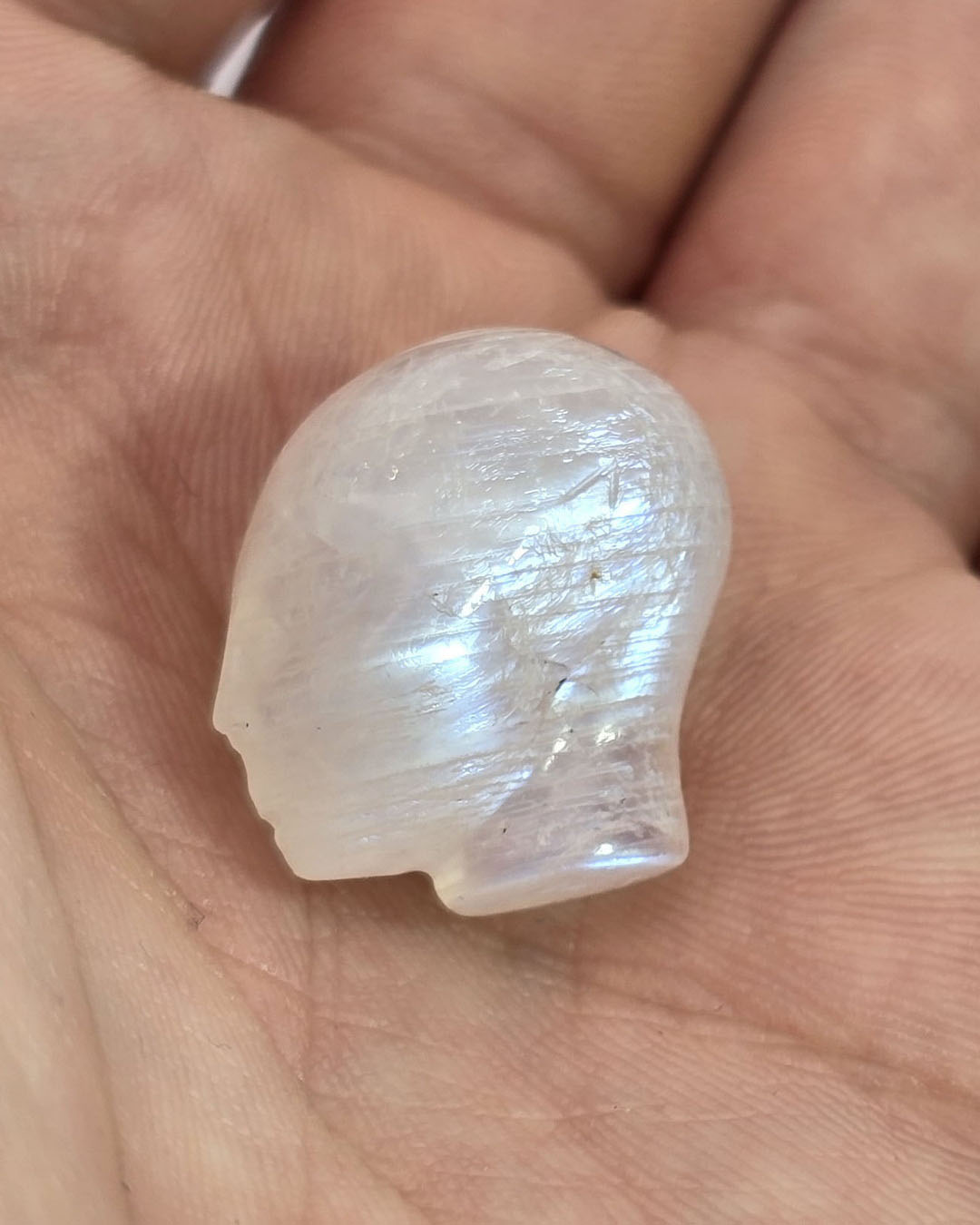 Gemstone 0.8" Moonstone Hand Carved Fairy Elf Alien Crystal Skull Companion Sculpture, Crystal Healing