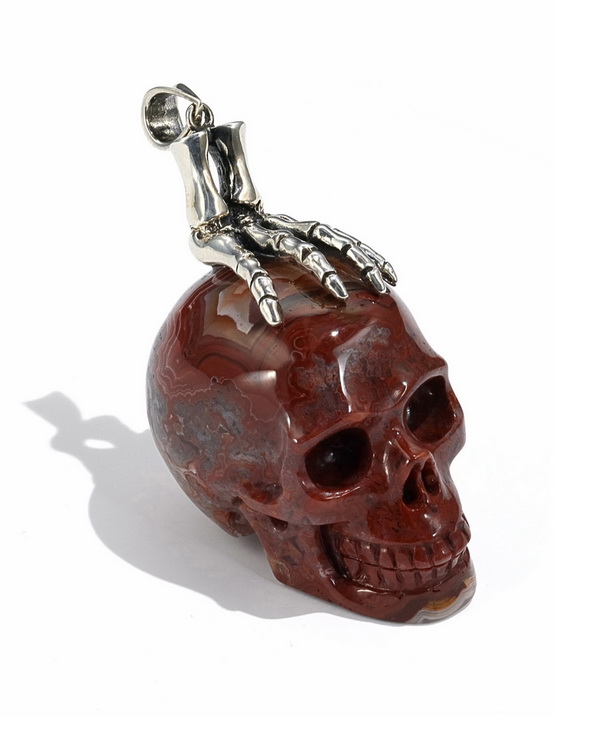 Gemstone Necklace of 1.5" Red Crazy Lace Agate Hand Carved Crystal Skull Pendant, Skull Jewelry
