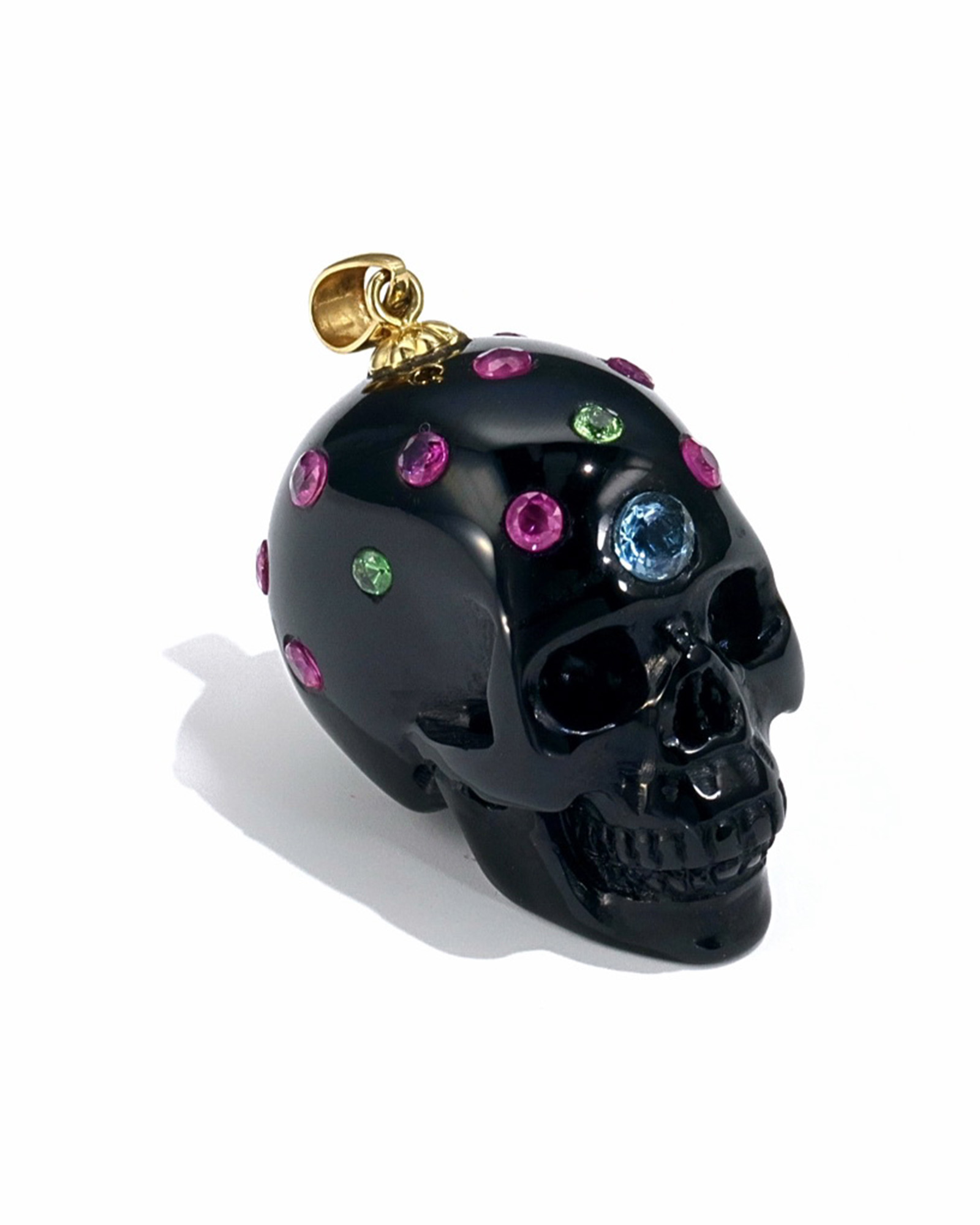 Gem Skull Pendant Necklace of Black Obsidian Crystal Carved Skull with Cubic Zirconia and Loop in 18k Gold