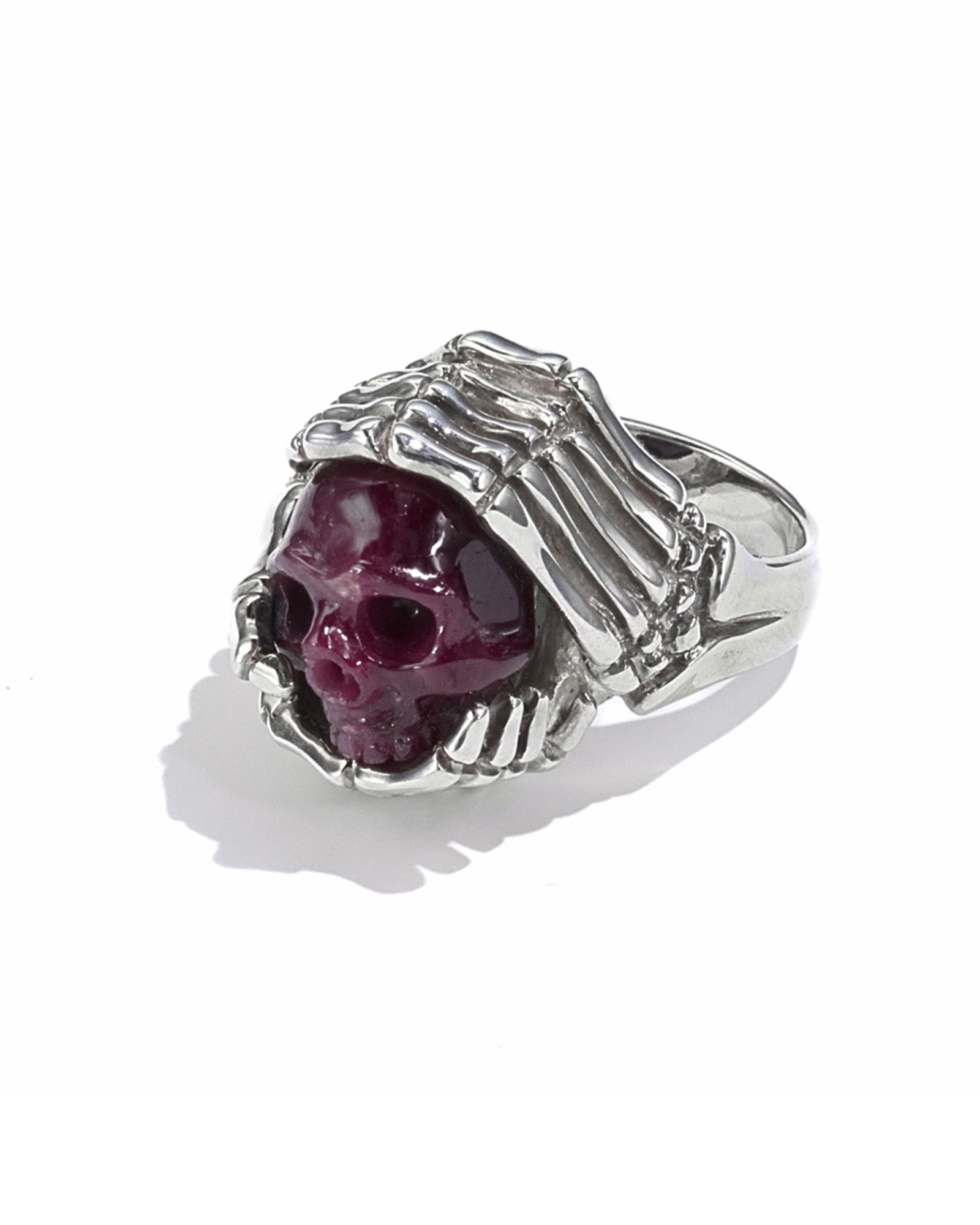Gem Skull Ring of Ruby Carved Skull with Skeletal Hands in 925 Sterling Silver, US Size 6.5