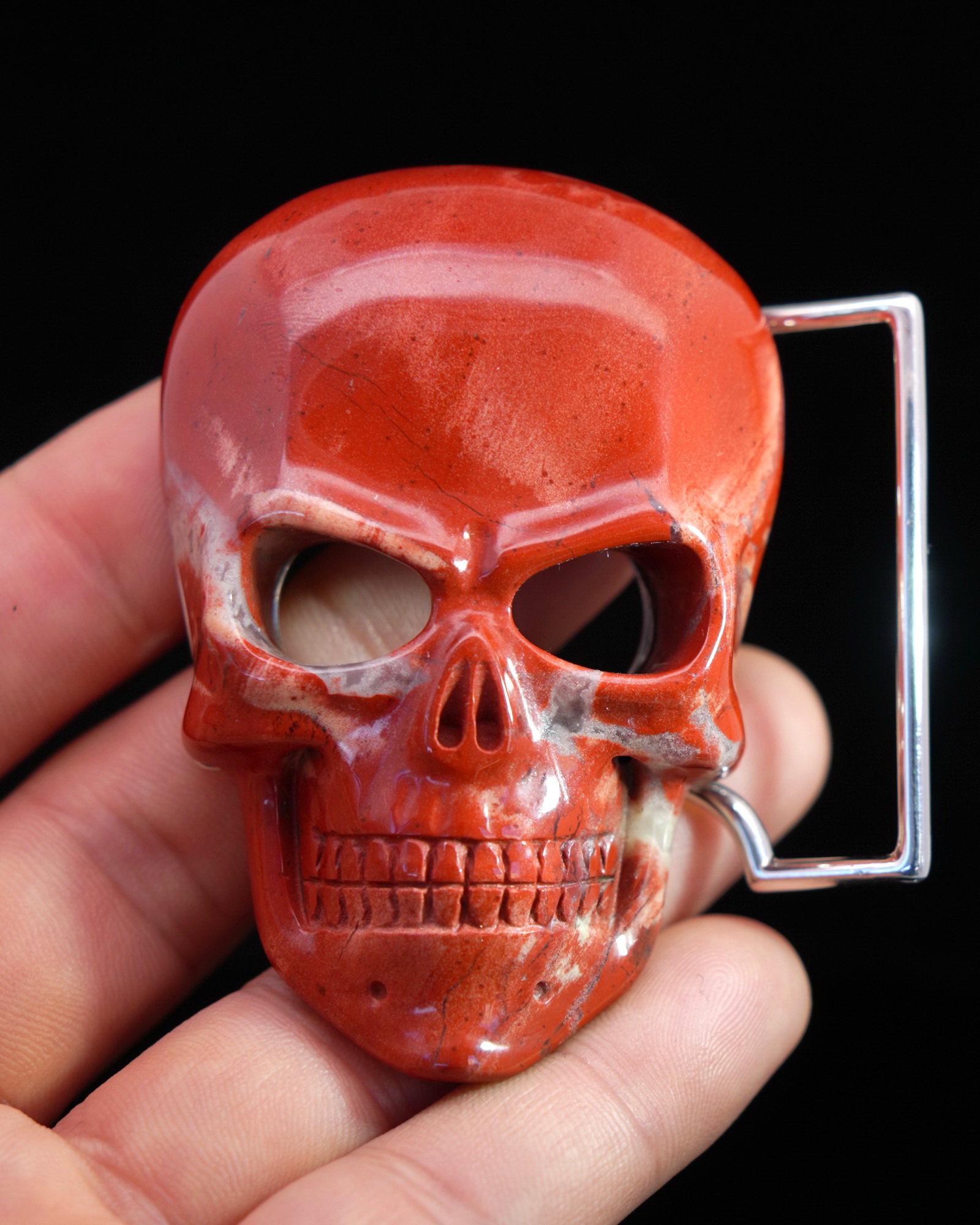Red Jasper Hand Carved Crystal Skull Buckle, Skull Jewelry