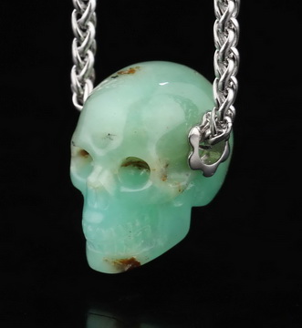 Necklace of 1.1" Chrysoprase Hand Carved Crystal Skull Pendant, Skull Jewelry