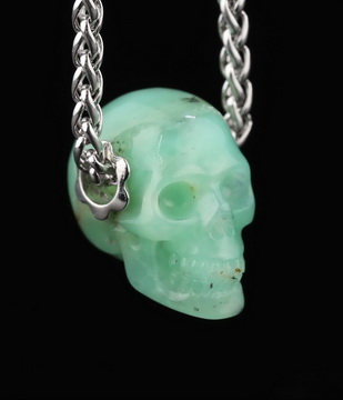 Necklace of 1.1" Chrysoprase Hand Carved Crystal Skull Pendant, Skull Jewelry