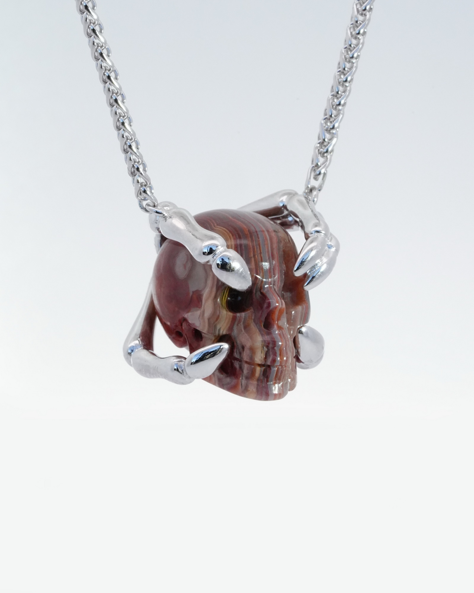 Gem Skull Pendant Necklace of Red Crazy Lace Agate Carved Skull with Sterling Silver Finger Bones, Skull Jewelry