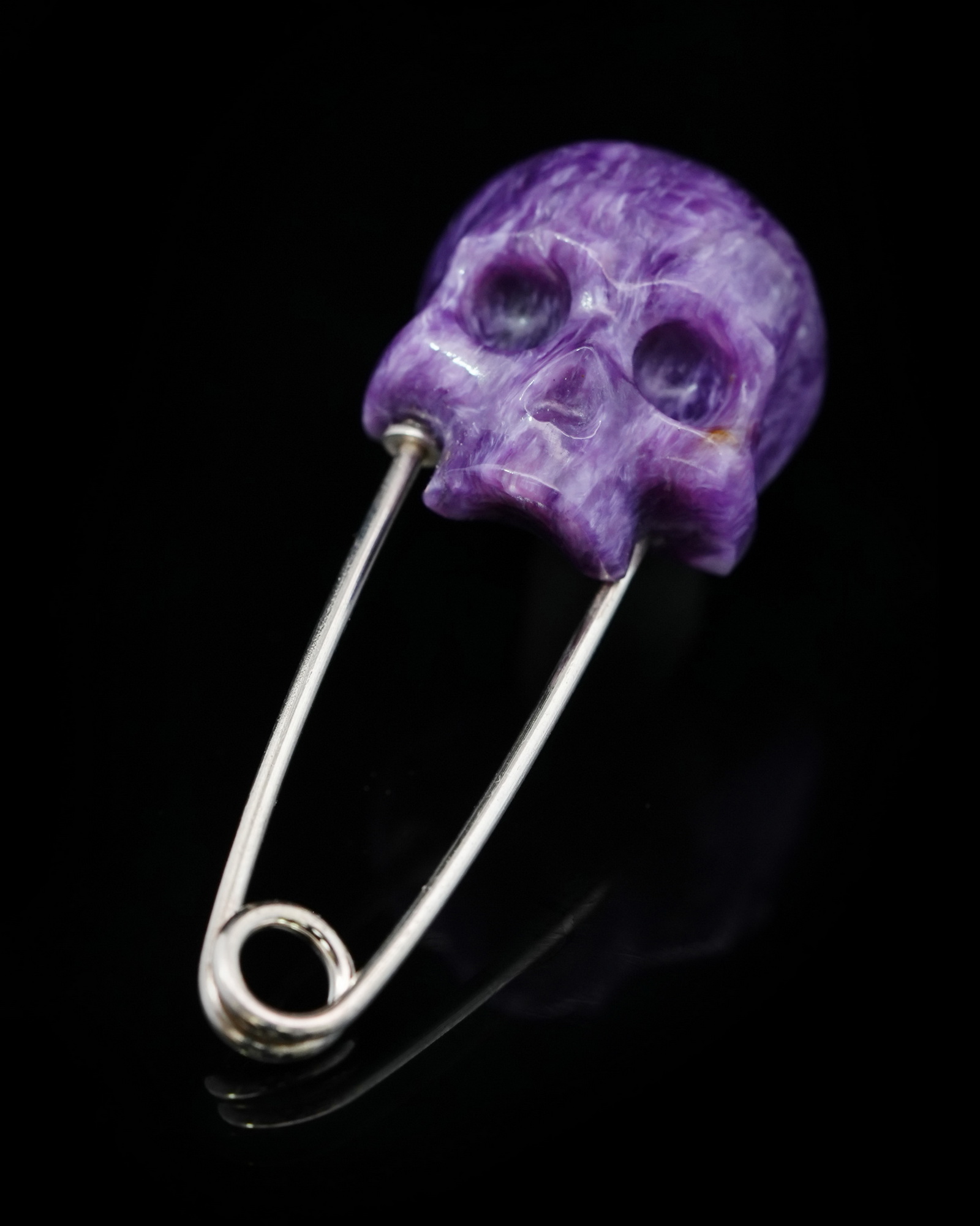 Gemstone Russian Charoite Hand Carved Crystal Skull Brooch, Skull Jewelry