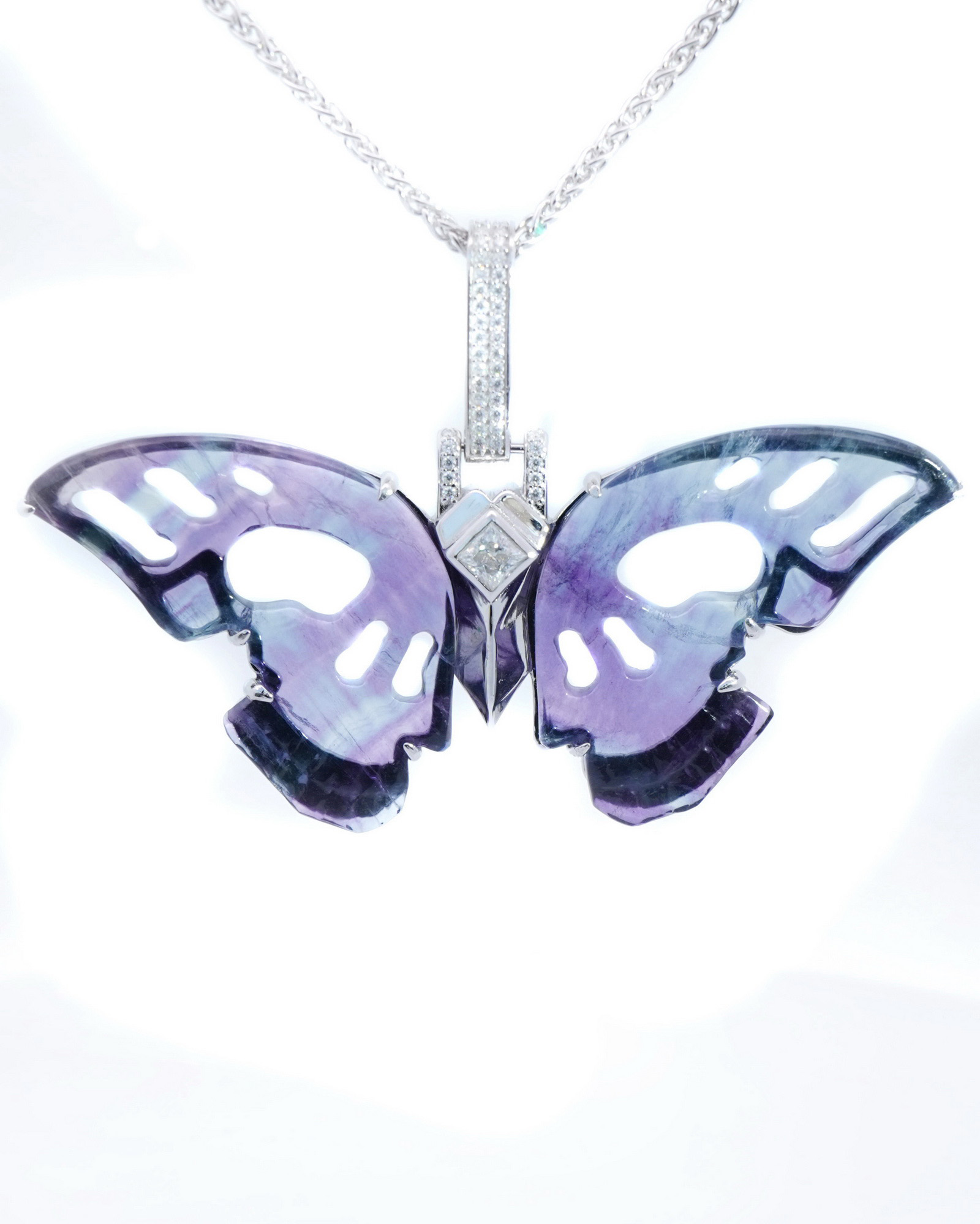 Necklace of 3.3" Gem Skull Pendant Necklace of Fluorite Butterfly Carved Skull, Skull Jewelry