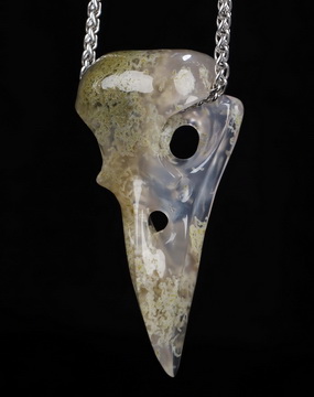 Necklace of 2.3" Green Moss Agate Hand Carved Crystal Skull Pendant, Skull Jewelry