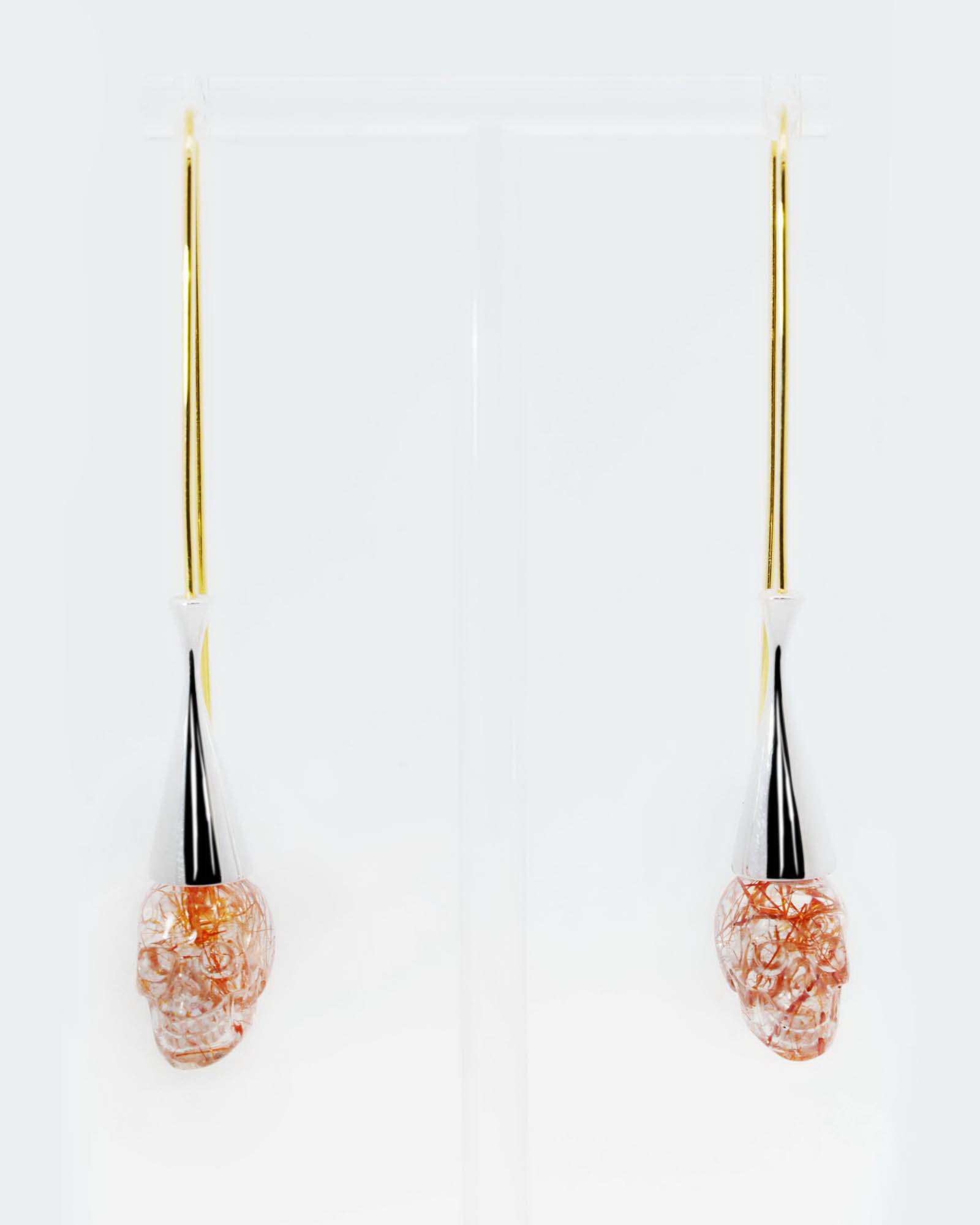 Gemstone Rutilated Quartz Rock Crystal Hand Carved Crystal Skull Earrings, Skull Jewelry