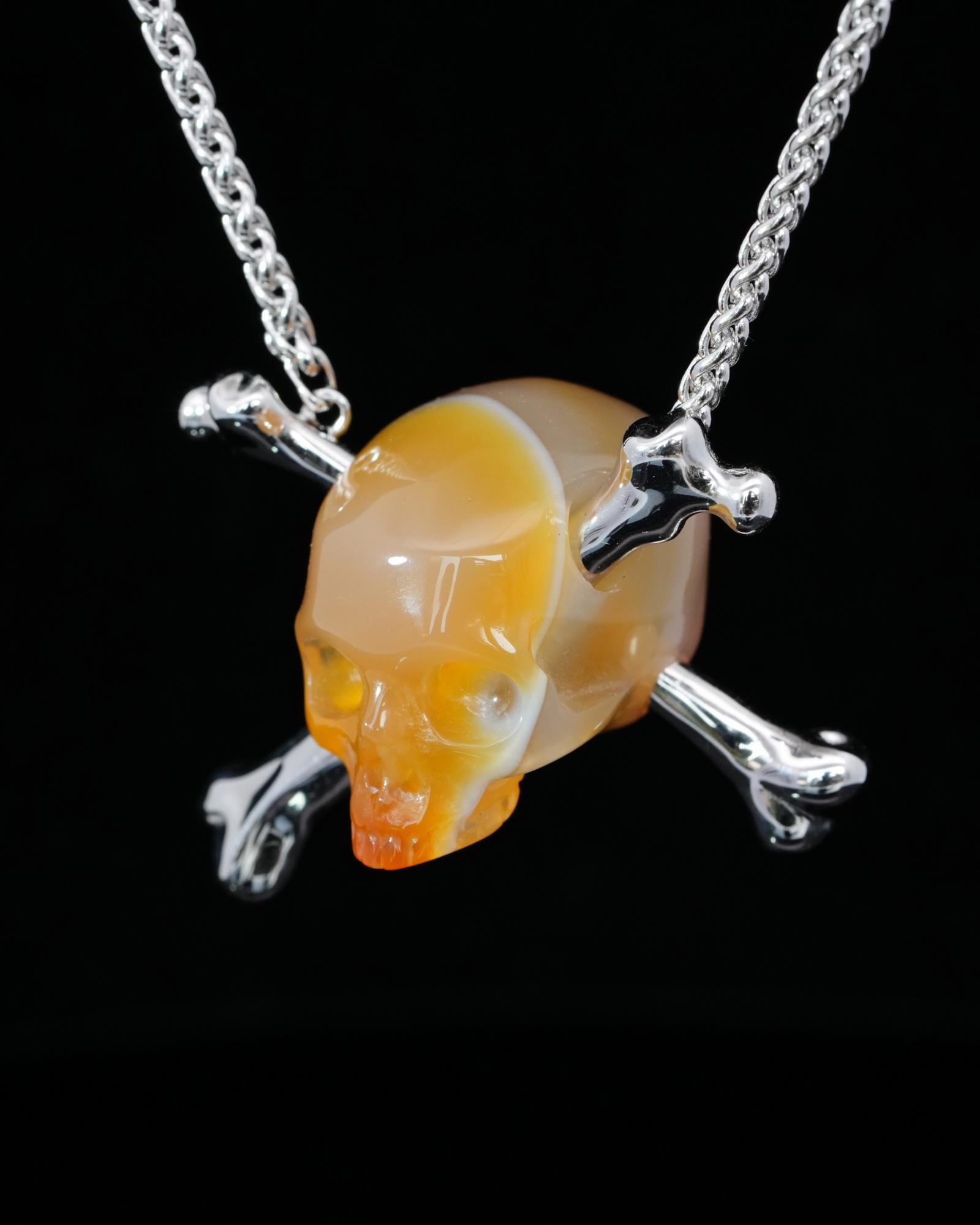Necklace of 0.9" Agate Hand Carved Crystal Skull Pendant, Skull Jewelry