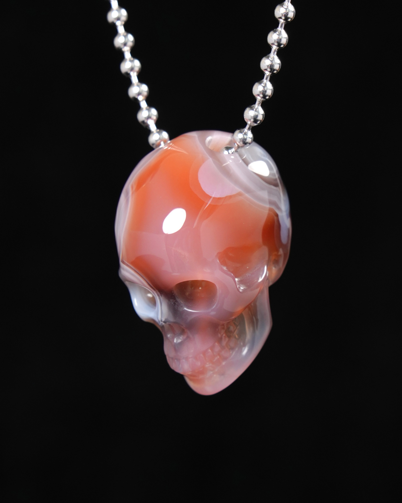 Hollow Essence - Gemstone Necklace of 1.4" Mozambique Agate Hand Carved Crystal Skull Pendant, Skull Jewelry