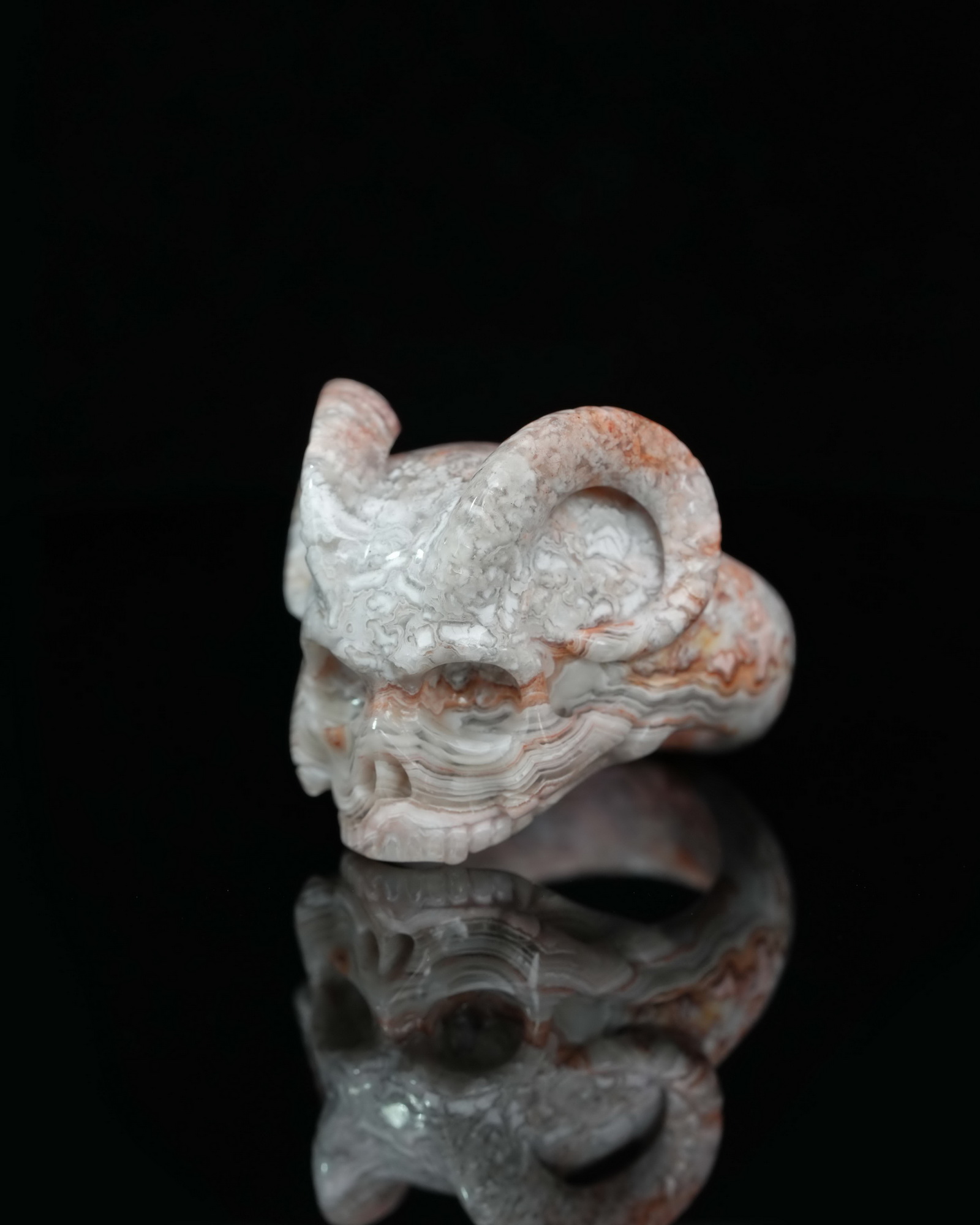 US Size 13# Red Crazy Lace Agate Hand Carved Crystal Skull Ring, Skull Jewelry