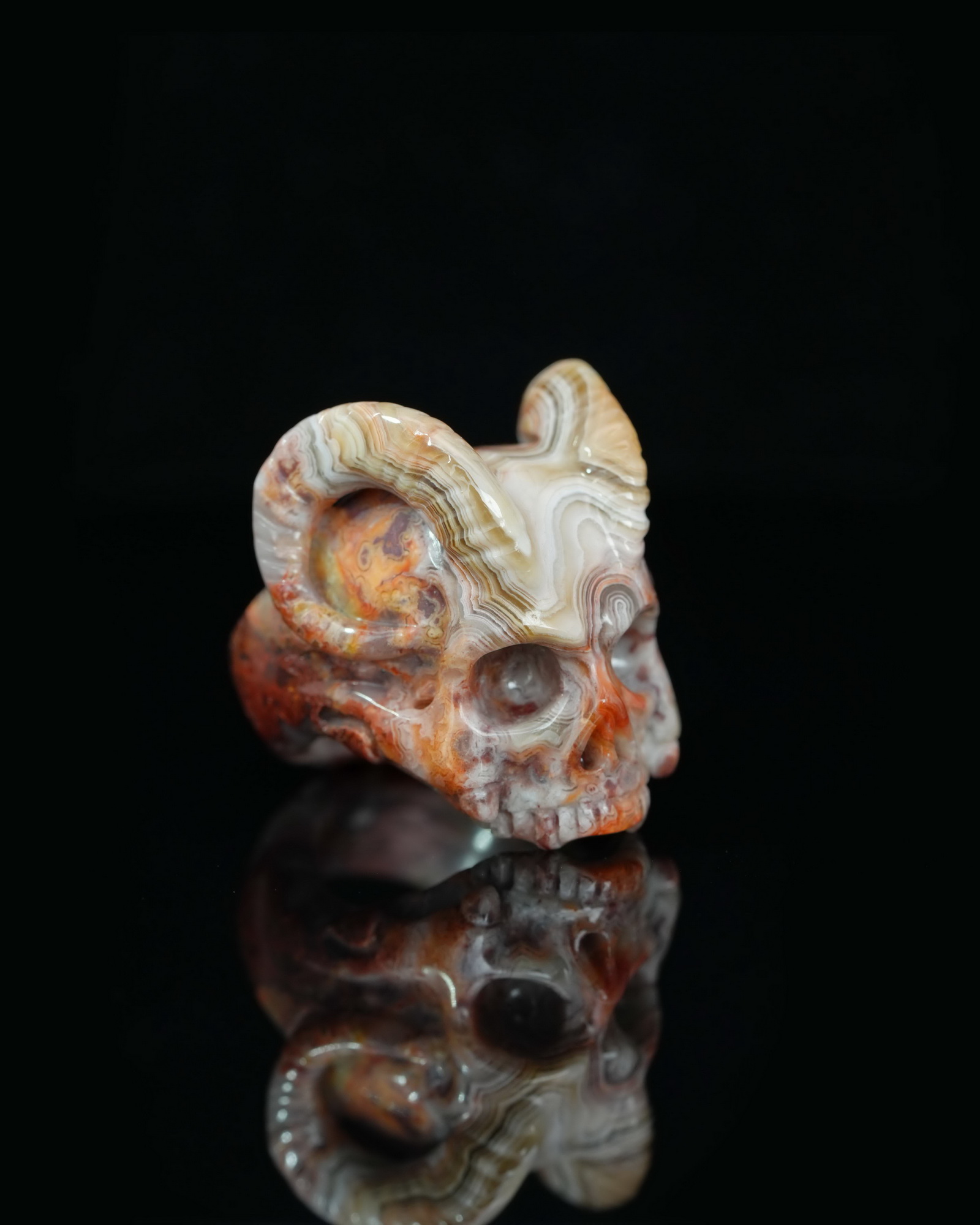 US Size 6.5# Red Crazy Lace Agate Hand Carved Crystal Skull Ring, Skull Jewelry