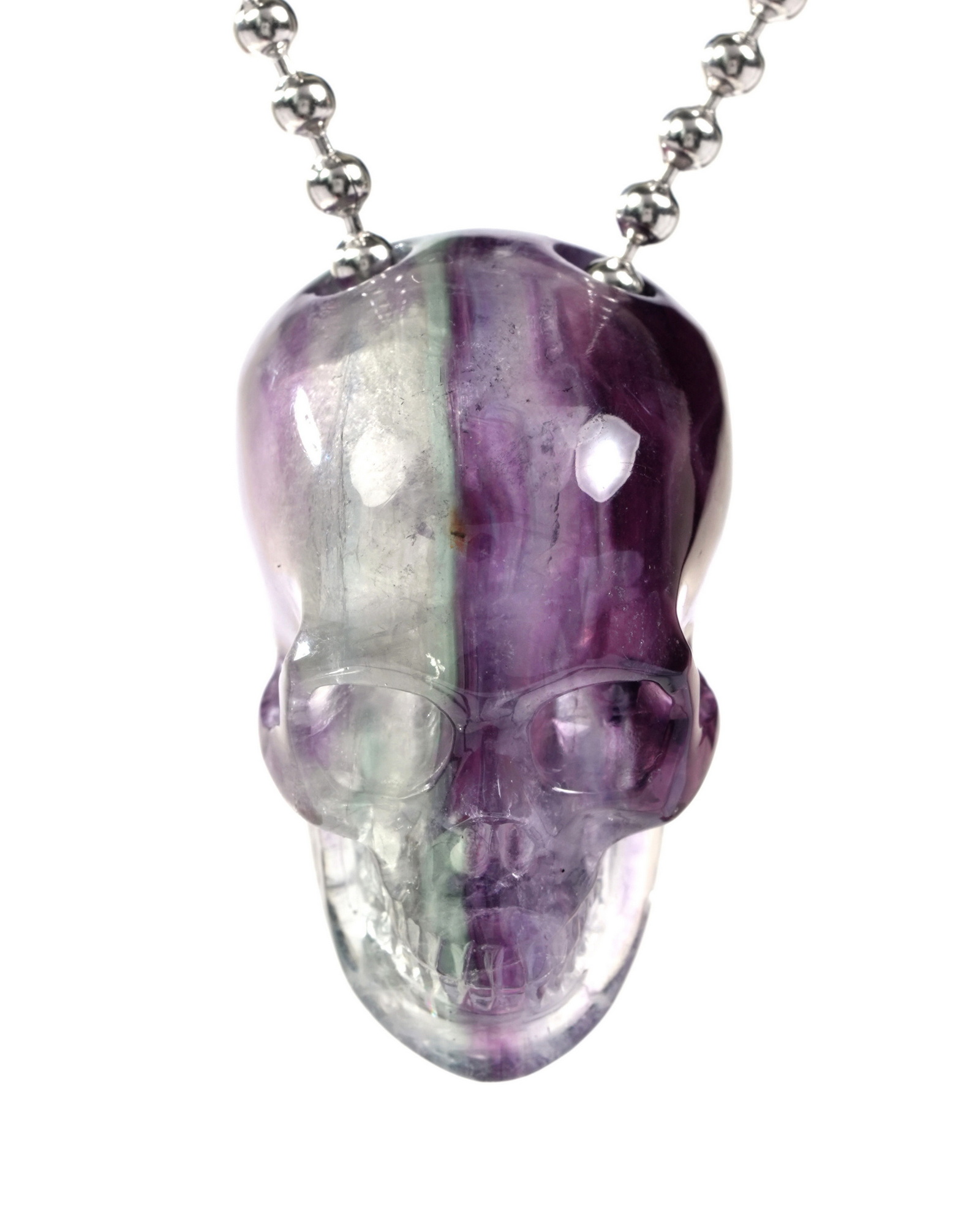 Hollow Essence - Necklace of 1.4" Fluorite Hand Carved Crystal Skull Pendant, Skull Jewelry
