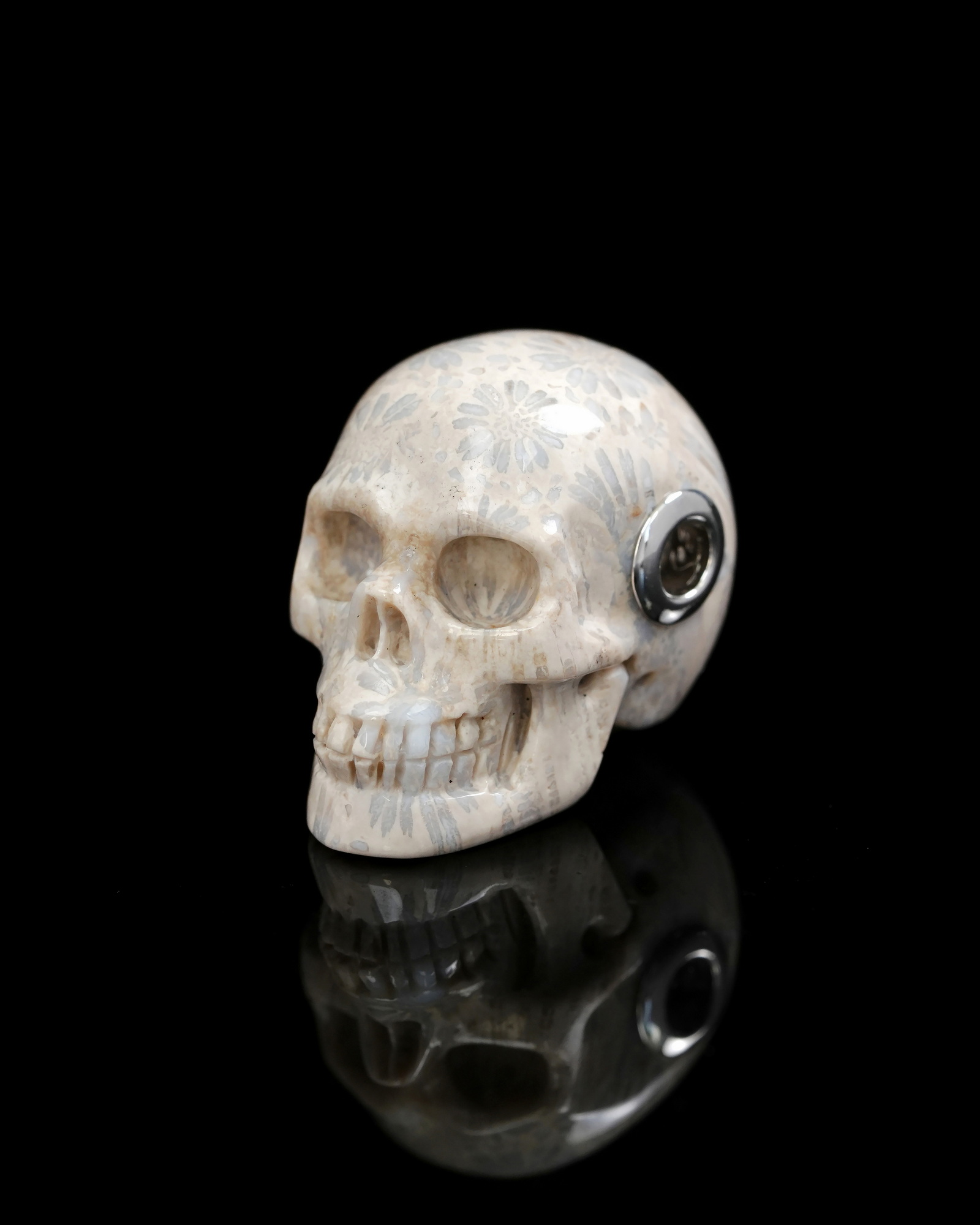 Necklace of 1.2" Coral Fossil Hand Carved Crystal Skull Pendant, Skull Jewelry