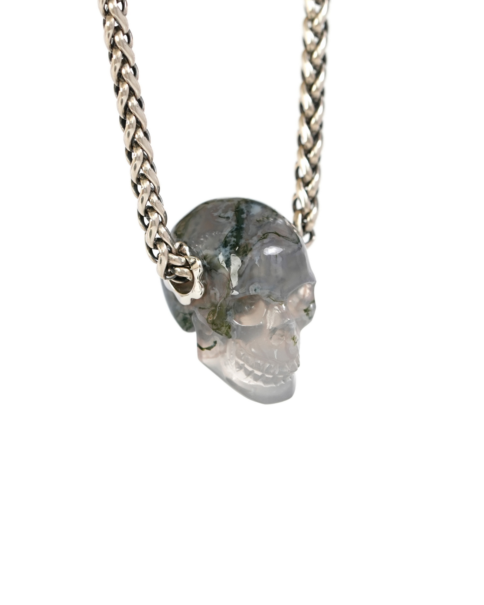Necklace of 0.7" Green Moss Agate Hand Carved Crystal Skull Pendant, Skull Jewelry