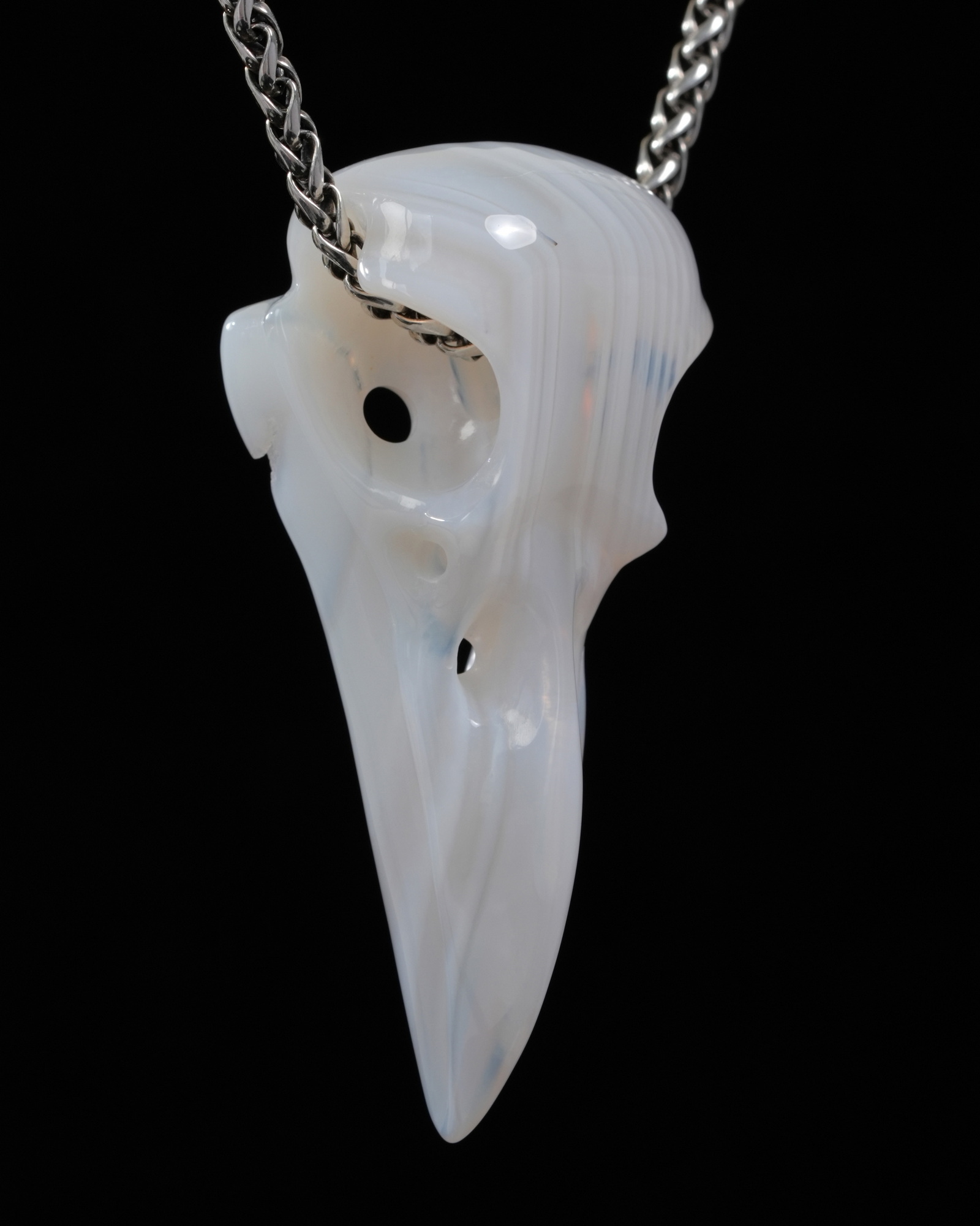 Necklace of 2.3" Agate Hand Carved Crystal Skull Pendant, Skull Jewelry