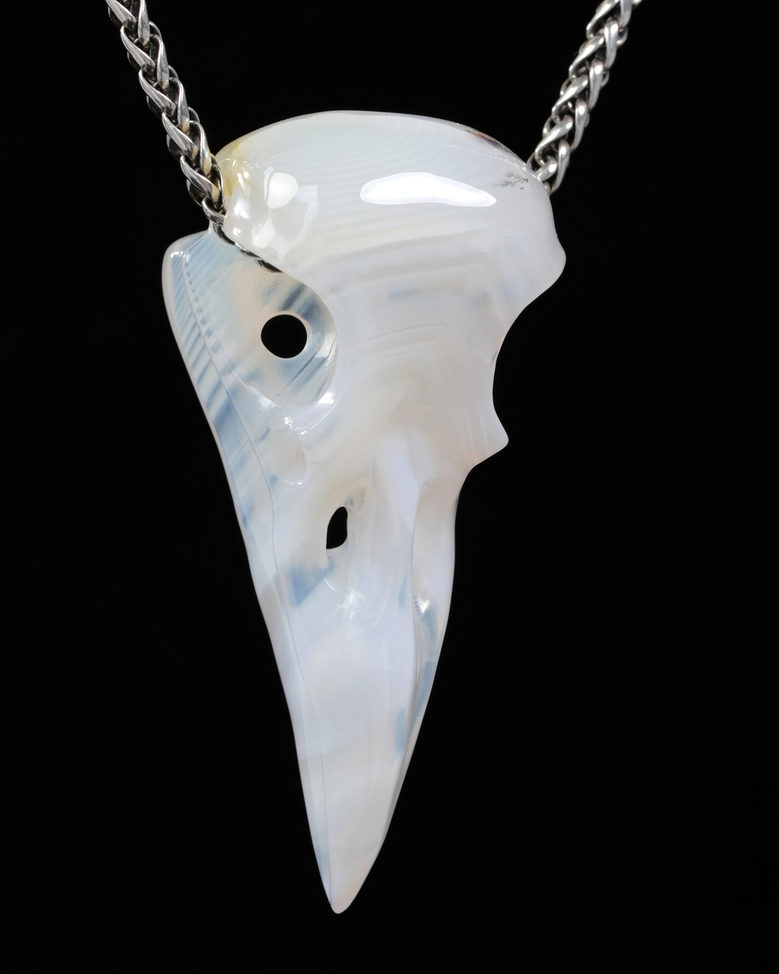 Necklace of 2.3" Agate Hand Carved Crystal Skull Pendant, Skull Jewelry