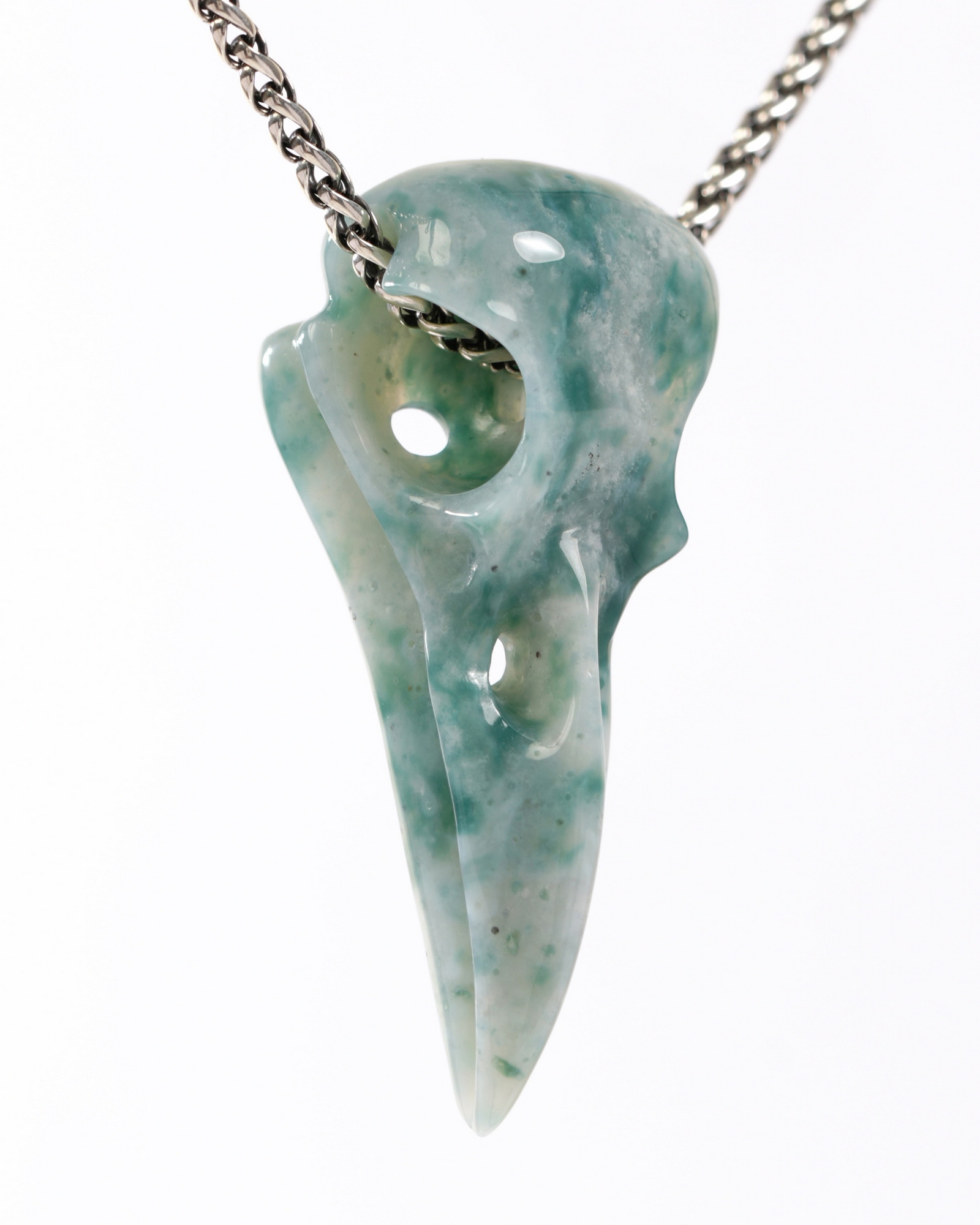 Necklace of 2.2" Green Moss Agate Hand Carved Crystal Skull Pendant, Skull Jewelry