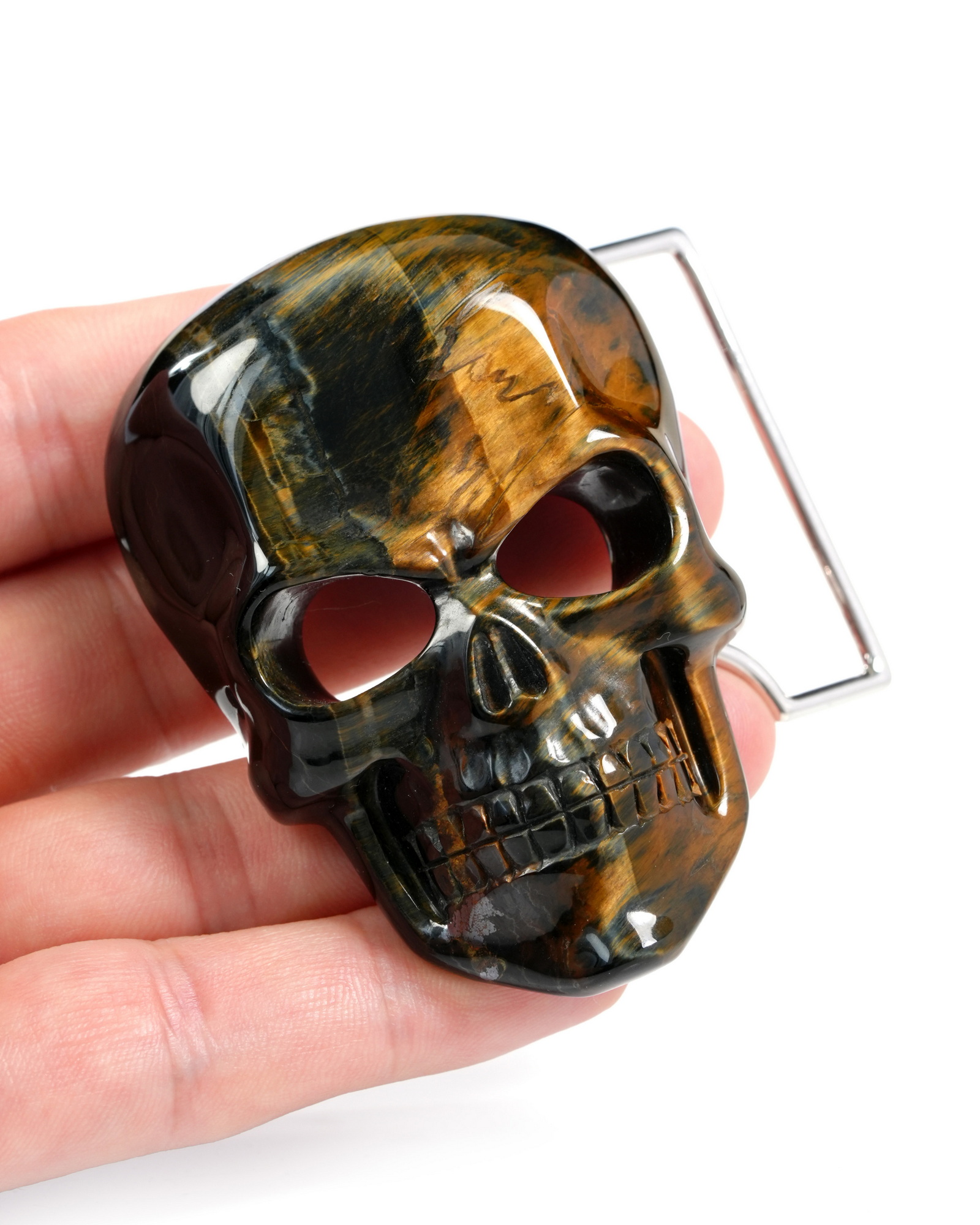 Gemstone Blue & Gold Tiger's Eye Hand Carved Crystal Skull Buckle in 925 Sterling Silver, Skull Jewelry