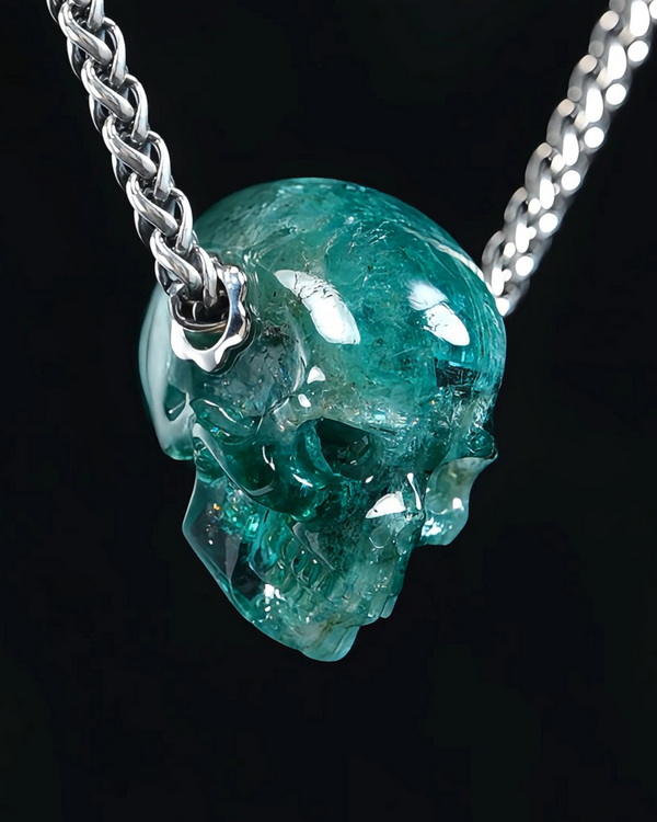 Gemstone Necklace of 0.9" Emerald Hand Carved Crystal Skull Pendant, Skull Jewelry
