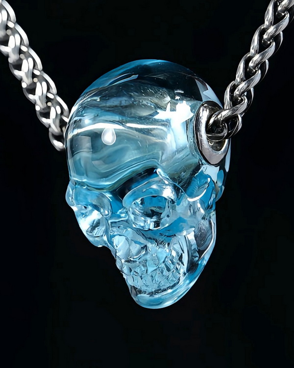 Necklace of 0.8" Sky Blue Topaz Hand Carved Crystal Skull Pendant, Skull Jewelry