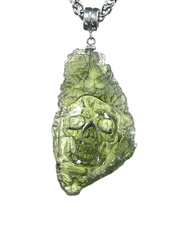Necklace of 1.6" Moldavite Hand Carved Crystal Skull Pendant, Skull Jewelry