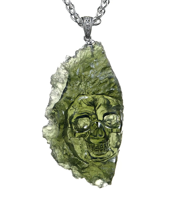 Necklace of 1.7" Moldavite Hand Carved Crystal Skull Pendant, Skull Jewelry