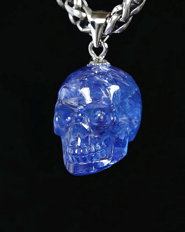 Gemstone Necklace of 0.6" Tanzanite Hand Carved Crystal Skull Pendant, Skull Jewelry