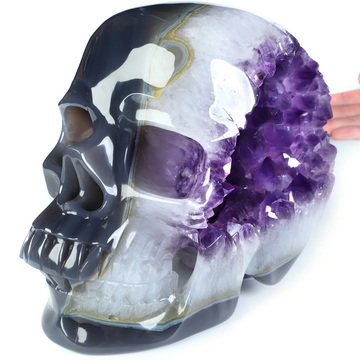 Lifesized 8.1" Agate & Amethyst Geode Hand Carved Crystal Skull, Super Realistic, Crystal Healing