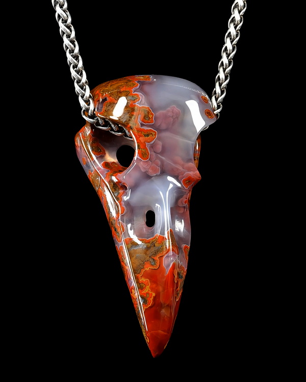 Night Pathfinder - 2.3" Red Desert Agate Hand Carved Crystal Raven Skull Pendant, Crystal Healing Skull Jewelry, for Women & Men